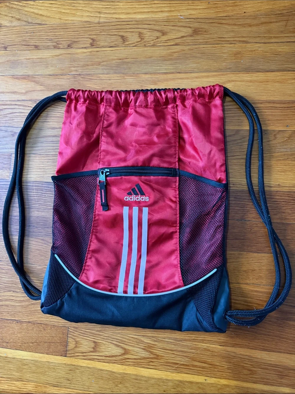 adidas Red and Black Drawstring Sports Sack with White Stripes